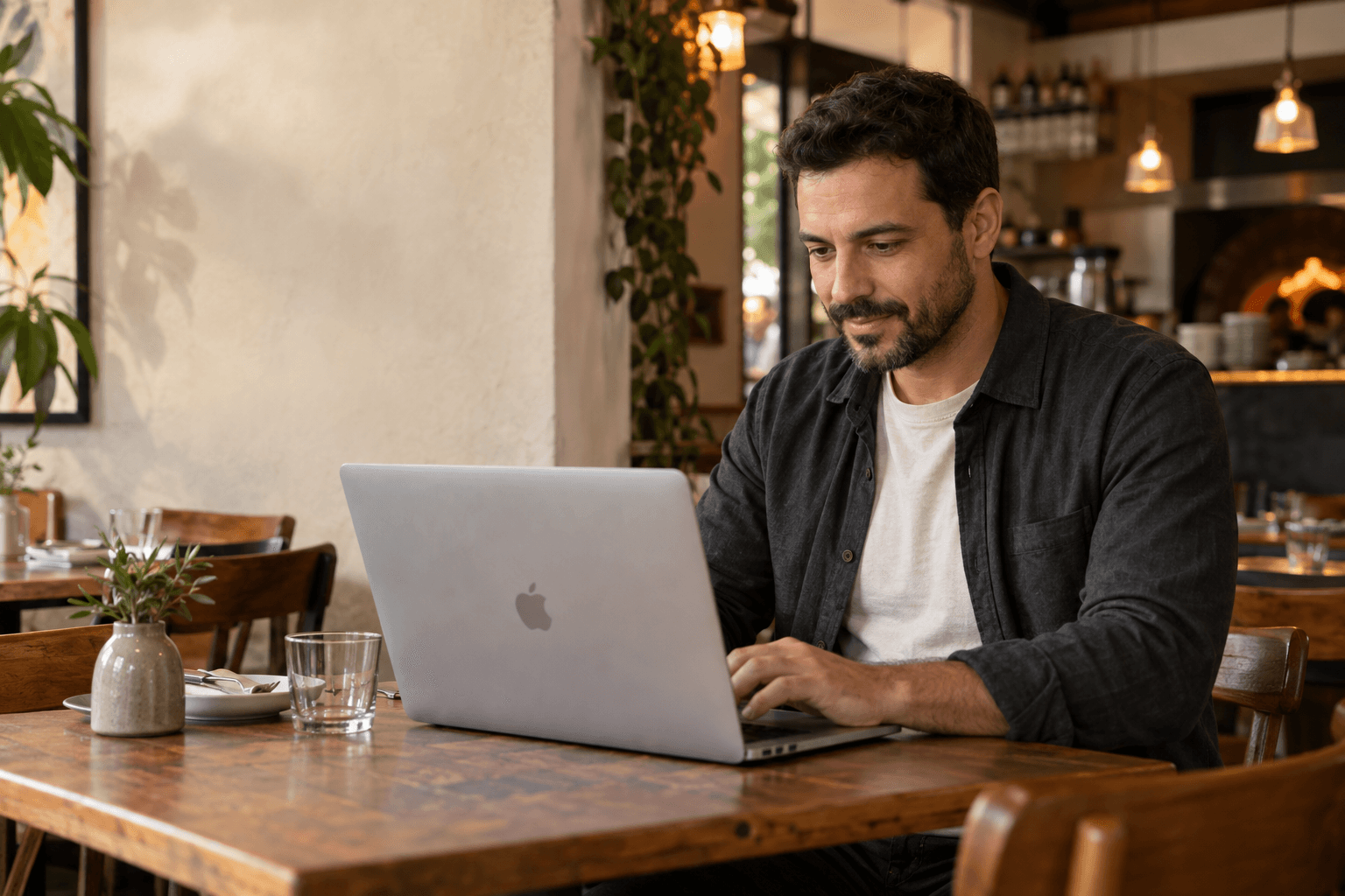 Imagem ilustrativa de um dono de restaurante usando um MacBook no salão