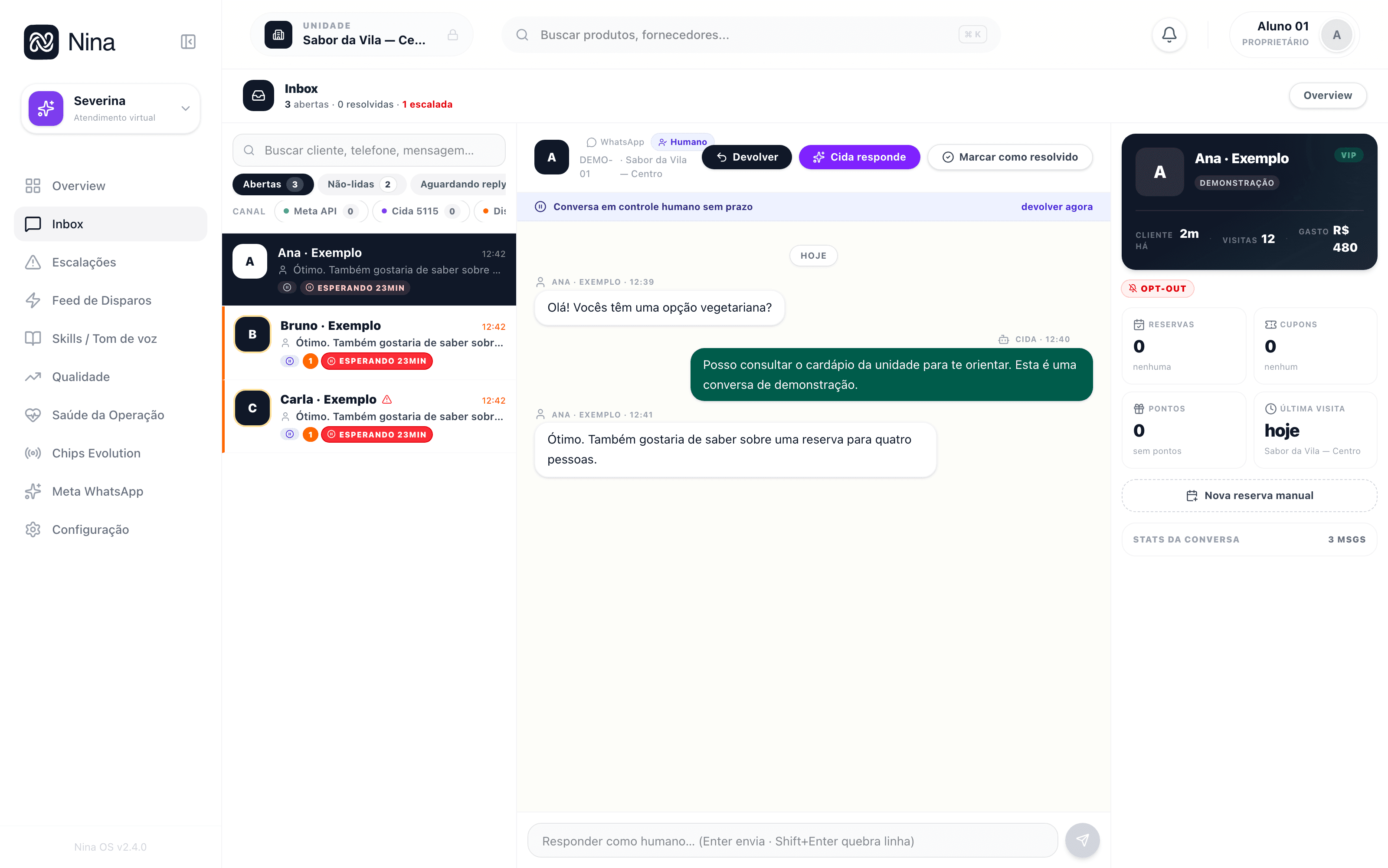 Caixa de entrada e contexto do cliente