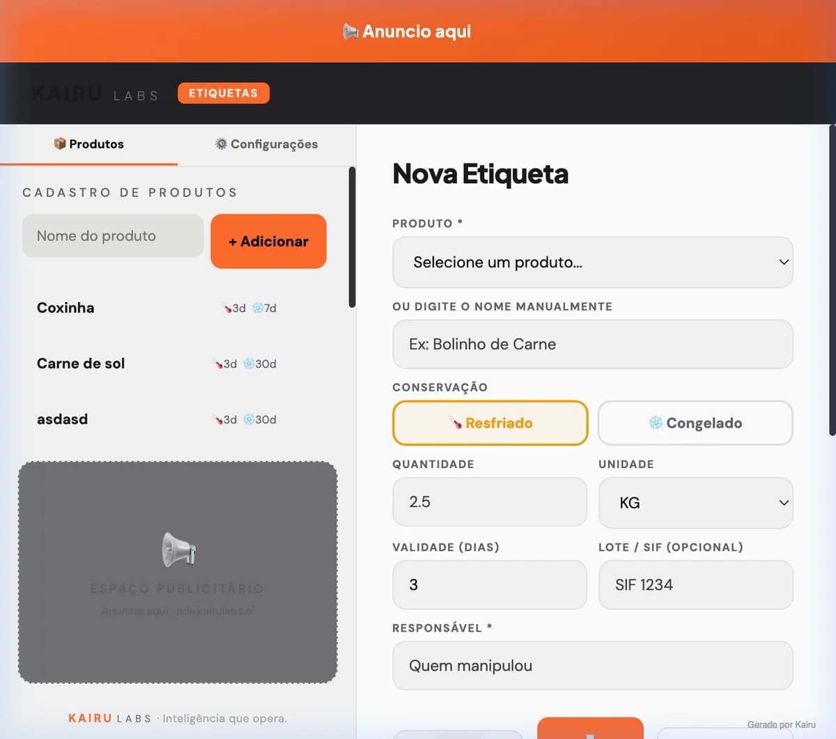 Tela real do Kairu Etiquetas para Windows