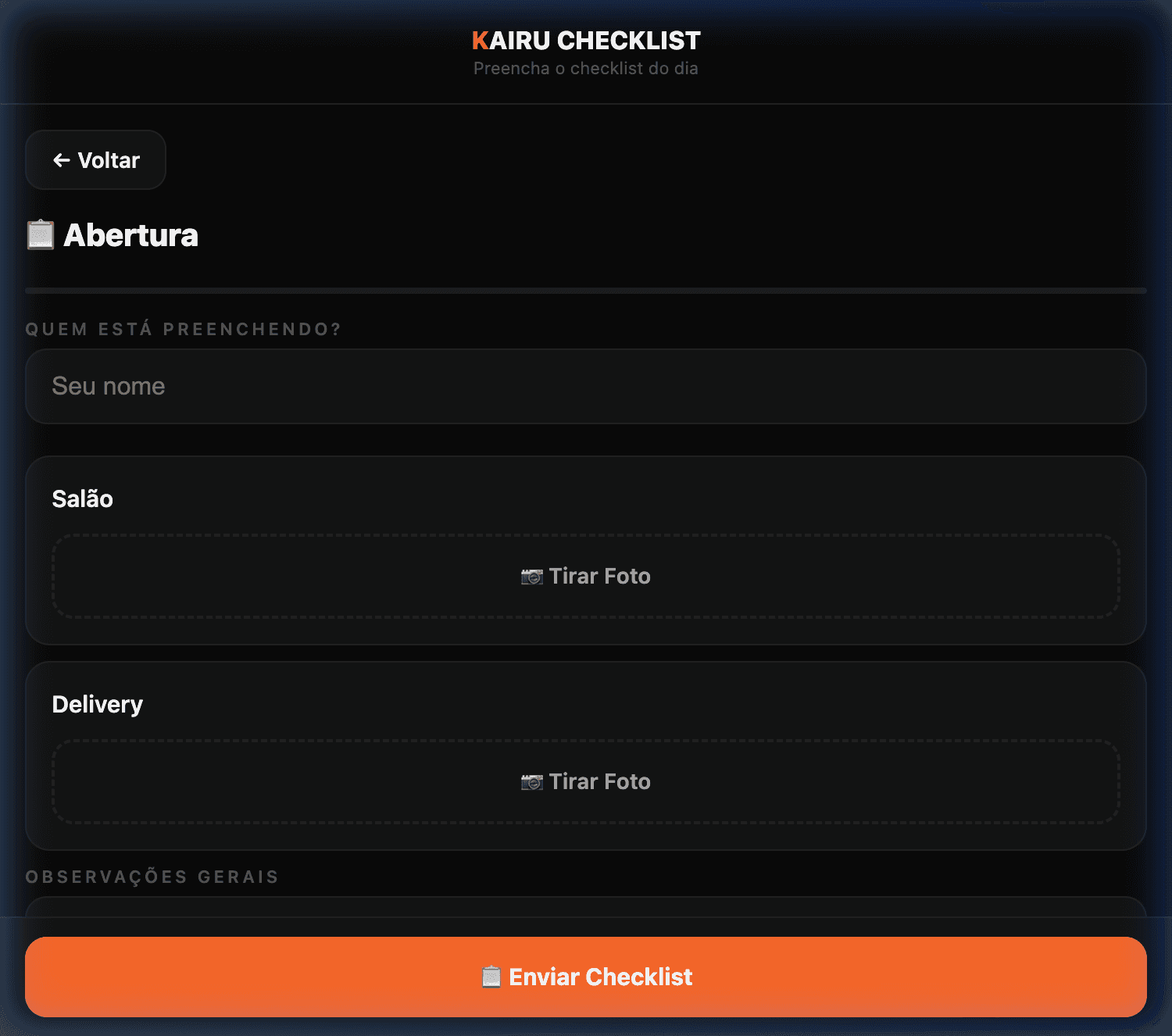 Formulário do checklist com fotos