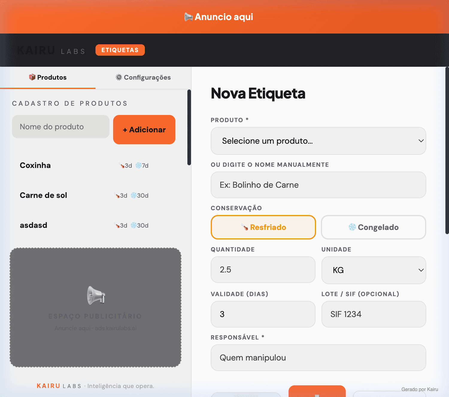 Interface principal do Kairu Etiquetas
