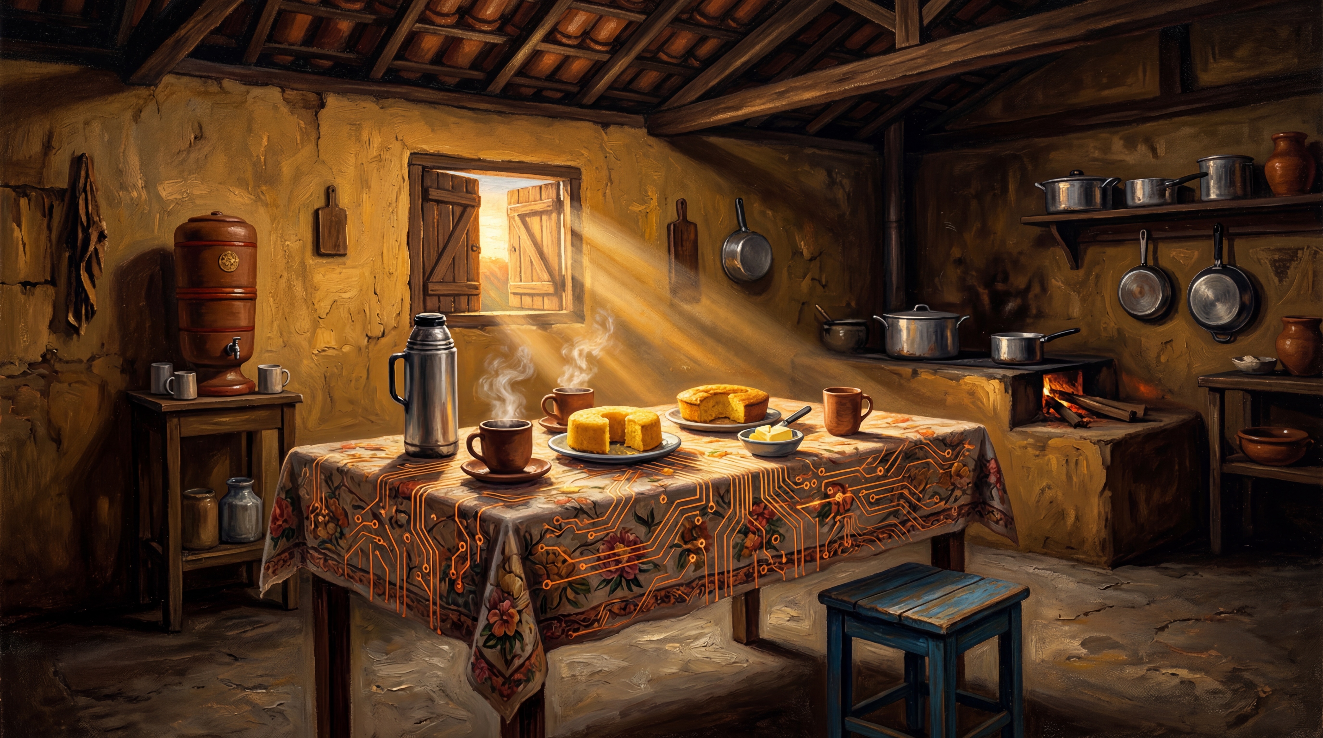 Cozinha rústica em pintura a óleo