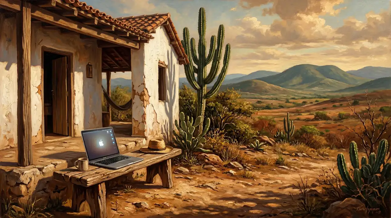 Pintura renascentista de um MacBook no sertão nordestino